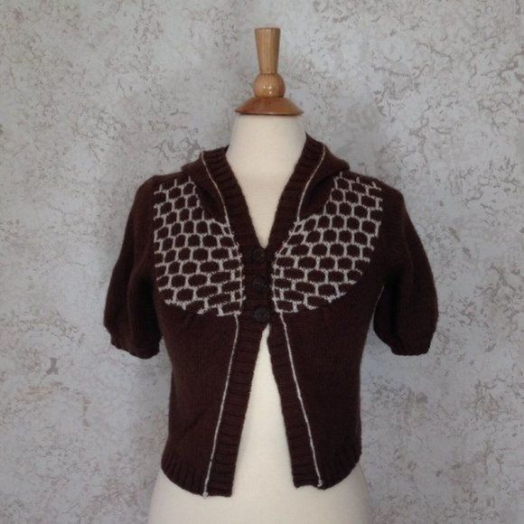 CARDIGAN Brown and White SO Hooded Sweater Short Sleeve Hoodie - Picture 4 of 5